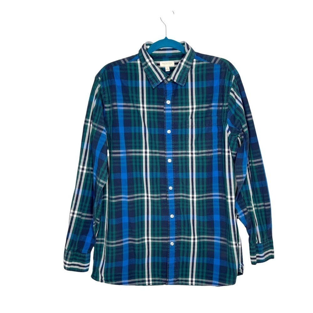 Sonoma Green & Cobalt Blue Plaid Collared Button Front Shirt